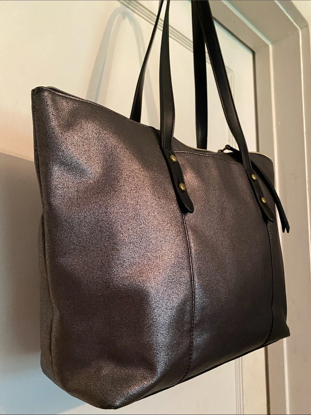 Fossil canvas black metallic tote in good condition